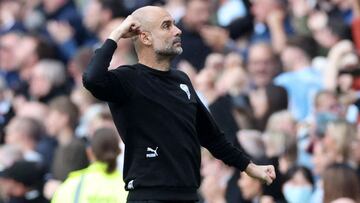 FILE PHOTO: Soccer Football - Premier League - Manchester City v Newcastle United - Etihad Stadium, Manchester, Britain - May 8, 2022 Manchester City manager Pep Guardiola celebrates after Raheem Sterling scores their first goal REUTERS/Phil Noble EDITORI