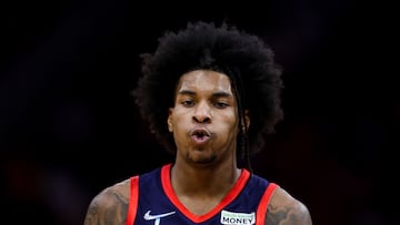 HOUSTON, TEXAS - FEBRUARY 10: Kevin Porter Jr. #3 of the Houston Rockets reacts following a foul call during the second half against the Toronto Raptors at Toyota Center on February 10, 2022 in Houston, Texas. NOTE TO USER: User expressly acknowledges and agrees that, by downloading and or using this photograph, User is consenting to the terms and conditions of the Getty Images License Agreement.   Carmen Mandato/Getty Images/AFP
== FOR NEWSPAPERS, INTERNET, TELCOS & TELEVISION USE ONLY ==