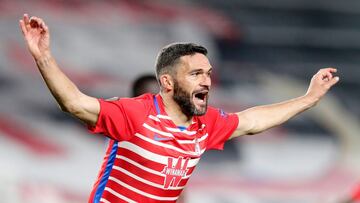 GRANADA, SPAIN - MARCH 11: Jorge Molina of Granada CF celebrates 1-0 during the UEFA Europa League match between Granada v Molde FK at the Estadio Nuevo Los Carmenes on March 11, 2021 in Granada Spain (Photo by David S. Bustamante/Soccrates/Getty Image