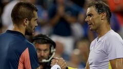 MASON, OHIO - AUGUST 17: Borna Coric of Croatia is congratulated by Rafael Nadal of Spain after their match during the Western & Southern Open at Lindner Family Tennis Center on August 17, 2022 in Mason, Ohio.   Matthew Stockman/Getty Images/AFP
== FOR NEWSPAPERS, INTERNET, TELCOS & TELEVISION USE ONLY ==