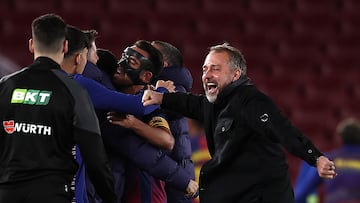 BARCELONA, SPAIN - DECEMBER 02: Hansi Flick, Head Coach of FC Barcelona, celebrates during the LaLiga EA Sports match between FC Barcelona and Atletico de Madrid at Spotify Camp Nou on December 02, 2025 in Barcelona, Spain. (Photo by Eric Alonso/Getty Images)