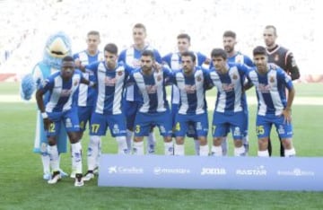 El once inicial del Espanyol. De pie: Esau, Enzo Roco, Javi López, Álvaro y Pau López. Agachados: Diop, Hernán Pérez, Duarte, Víctor Sánchez, Gerard Moreno y Asensio. 