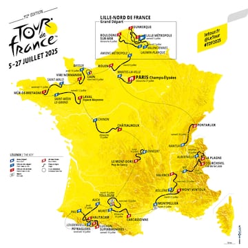 Mapa con el recorrido del Tour de Francia 2025.