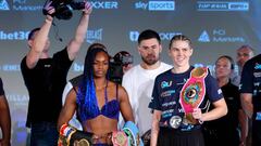 Claressa Shields (left) and Savannah Marshall during the weigh-in at the Genesis Cinema, London. Picture date: Friday October 14, 2022. (Photo by John Walton/PA Images via Getty Images)