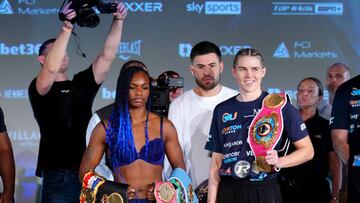 Claressa Shields (left) and Savannah Marshall during the weigh-in at the Genesis Cinema, London. Picture date: Friday October 14, 2022. (Photo by John Walton/PA Images via Getty Images)