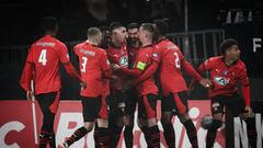 Rennes' French forward #07 Martin Terrier celebrates with teammates after scoring his team's first goal during the French Cup round of 32 football match between Stade Rennais and Olympique de Marseille (OM) at the Roazhon Park stadium in Rennes on January 21, 2024. (Photo by LOIC VENANCE / AFP)