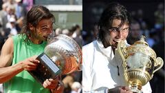 Rafa Nadal muerde los trofeos de campe&oacute;n de Roland Garros y Wimbledon de 2008.