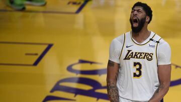 May 9, 2021; Los Angeles, California, USA; Los Angeles Lakers forward Anthony Davis (3) reacts after a dunk during the second half against the Phoenix Suns at Staples Center. Mandatory Credit: Kelvin Kuo-USA TODAY Sports