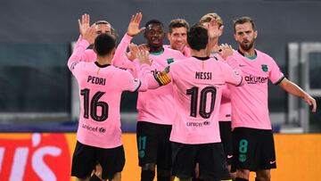 TURIN, ITALY - OCTOBER 28: Ousmane Dembele of Barcelona celebrates with his team mates after scoring his sides first goal during the UEFA Champions League Group G stage match between Juventus and FC Barcelona at Juventus Stadium on October 28, 2020 in Tur