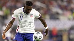 USA&#039;s forward Daryl Dike controls the ball during the Concacaf Gold Cup quarterfinal football match between USA and Jamaica at the AT&amp;T stadium in Arlington, Texas on July 25, 2021. (Photo by Andy JACOBSOHN / AFP)