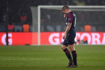 Verratti trudges off after picking up a second yellow card for dissent.