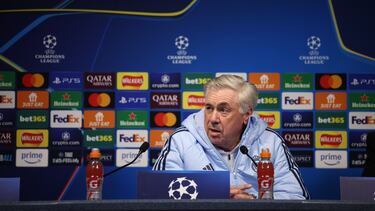 MANCHESTER (United Kingdom), 10/02/2025.- Real Madrid manager Carlo Ancelotti attends a press conference in Manchester, Britain, 10 February 2025. Real Madrid will face Manchester City in their UEFA Champions League knockout phase play-off match on 11 February 2025. (Liga de Campeones, Reino Unido) EFE/EPA/ADAM VAUGHAN