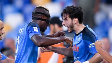 Khvicha Kvaratskhelia of SSC Napoli celebrates with Victor Osimhen of SSC Napoli after scoring third goal during the Serie A match between SSC Napoli and AC Monza at Stadio Diego Armando Maradona, Naples, Italy on 21 August 2022. (Photo by Giuseppe Maffia/NurPhoto via Getty Images)