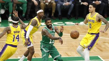 Feb 7, 2019; Boston, MA, USA; Boston Celtics guard Kyrie Irving (11) passes the ball against the Los Angeles Lakers in the first quarter at TD Garden. Mandatory Credit: David Butler II-USA TODAY Sports