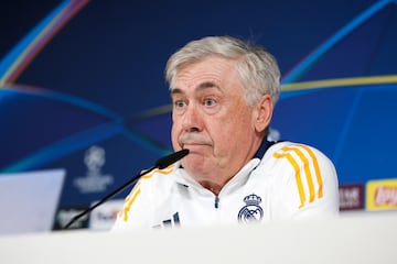 Ancelotti, en la sala de prensa de Valdebebas.