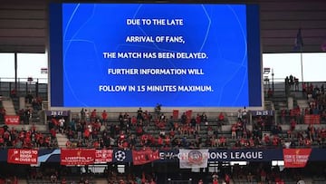 The delay to the start of the match is written on the display prior to the UEFA Champions League final football match between Liverpool and Real Madrid at the Stade de France in Saint-Denis, north of Paris, on May 28, 2022. (Photo by Anne-Christine POUJOULAT / AFP) (Photo by ANNE-CHRISTINE POUJOULAT/AFP via Getty Images)