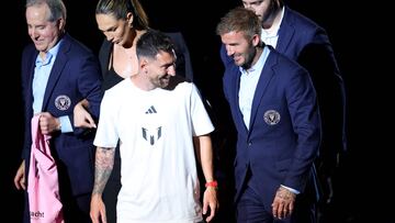 After a rain delay, David Beckham nearly fell over when he was walking up the slippery ramp to the stage where he would welcome Lionel Messi to Inter Miami.