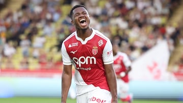 Monaco's Spanish forward #31 Ansu Fati celebrates after scoring Monaco's fourth goal during the French L1 football match between AS Monaco and FC Metz at the Louis II Stadium (Stade Louis II) in the Principality of Monaco, on September 21, 2025. (Photo by Valery HACHE / AFP)