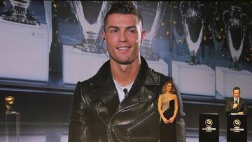 Cristiano Ronaldo speaks, via a video link live from Madrid after he was selected as the Best Player of the Year, during Dubai Football Gala & Globe Soccer Awards Ceremony in Dubai, United Arab Emirates, Tuesday, Dec. 27, 2016. (AP Photo/Kamran Jebreili)