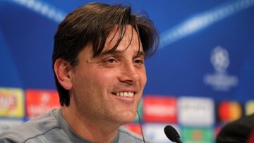 MUNICH, GERMANY - APRIL 10: Francesco Montella, Manager of Sevilla FC speaks to the media during the Sevilla FC Press Conference at Allianz Arena on April 10, 2018 in Munich, Germany. (Photo by Alexander Hassenstein/Bongarts/Getty Images)