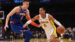Jan 21, 2018; Los Angeles, CA, USA;  New York Knicks forward Kristaps Porzingis (6) defends Los Angeles Lakers guard Jordan Clarkson (6) in the second half at Staples Center. Mandatory Credit: Jayne Kamin-Oncea-USA TODAY Sports