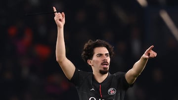 Paris Saint-Germain's Portuguese midfielder #17 Vitinha celebrates after scoring Paris Saint-Germain's second goal during the UEFA Champions League, league phase - matchday 5, football match between Paris Saint-Germain (PSG) and Tottenham Hotspur FC at the Parc des Princes stadium in Paris on November 26, 2025. (Photo by FRANCK FIFE / AFP)