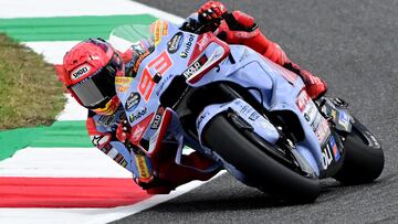 Ducati Spanish rider Marc Marquez rides during a practice session ahead of the Italian MotoGP race at Mugello on May 31, 2024. (Photo by Marco BERTORELLO / AFP)