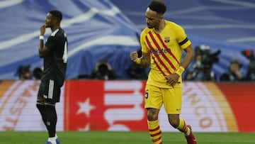 Soccer Football - LaLiga - Real Madrid v FC Barcelona - Santiago Bernabeu, Madrid, Spain - March 20, 2022 FC Barcelona's Pierre-Emerick Aubameyang celebrates scoring their first goal REUTERS/Susana Vera