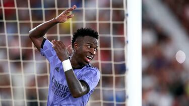 ALMERIA, SPAIN - AUGUST 14: Vinicius Junior of Real Madrid reacts during the LaLiga Santander match between UD Almeria and Real Madrid CF at Power Horse Stadium on August 14, 2022 in Almeria, Spain. (Photo by Mateo Villalba/Quality Sport Images/Getty Images)