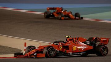 BAHRAIN, BAHRAIN - MARCH 31: Charles Leclerc of Monaco driving the (16) Scuderia Ferrari SF90 leads Sebastian Vettel of Germany driving the (5) Scuderia Ferrari SF90 on track during the F1 Grand Prix of Bahrain at Bahrain International Circuit on March 31, 2019 in Bahrain, Bahrain. (Photo by Charles Coates/Getty Images)