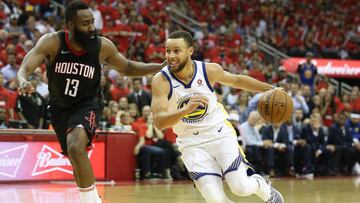 May 16, 2018; Houston, TX, USA; Golden State Warriors guard Stephen Curry (30) moves the ball against Houston Rockets guard James Harden (13) during the second half in game two of the Western conference finals of the 2018 NBA Playoffs at Toyota Center. Mandatory Credit: Thomas B. Shea-USA TODAY Sports