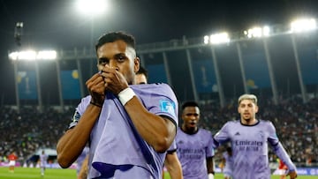 Soccer Football - FIFA Club World Cup - Semi Final - Al Ahly v Real Madrid - Prince Moulay Abdellah Stadium, Rabat, Morocco - February 8, 2023 Real Madrid's Rodrygo celebrates scoring their third goal REUTERS/Susana Vera