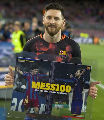 Messi holding his trophy for reaching 100 Champions League goals.