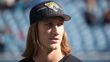 Trevor Lawrence, #16 of the Jacksonville Jaguars, looks on before a game against the Carolina Panthers