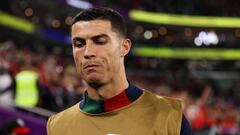 DOHA, QATAR - DECEMBER 10: Cristiano Ronaldo #7 of Portugal looks on during the FIFA World Cup Qatar 2022 quarter final match between Morocco and Portugal at Al Thumama Stadium on December 10, 2022 in Doha, Qatar. (Photo by Zhizhao Wu/Getty Images)