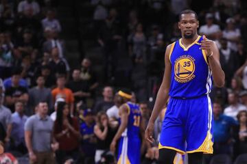 Kevin Durant of the Golden State Warriors reacts in the second half against the San Antonio Spurs during Game Four of the 2017 NBA Western Conference Finals