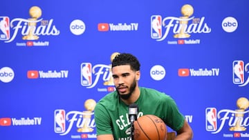 BOSTON, MA - JUNE 15: Jayson Tatum of the Boston Celtics addresses the media during 2022 NBA Finals Practice and Media Availability on June 15, 2022 at the TD Garden in Boston, Massachusetts. NOTE TO USER: User expressly acknowledges and agrees that, by downloading and or using this photograph, user is consenting to the terms and conditions of Getty Images License Agreement. Mandatory Copyright Notice: Copyright 2022 NBAE (Photo by Noah Graham/NBAE via Getty Images)