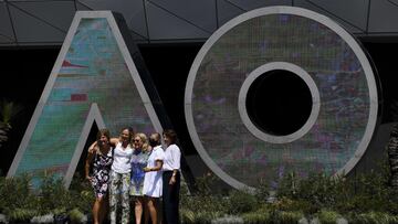 Melbourne (Australia), 12/02/2021.- Visitors pose for pictures at the Australian Open Tennis tournament at Melbourne Park in Melbourne, Victoria, Australia, 12 February 2021. The Australian Open is set to proceed without crowds after Victoria was sent int