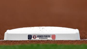 The bases are marked for Armed Forces Weekend during a game against the Chicago White Sox at Yankee Stadium on May 17, 2024 in the Bronx borough of New York City. (Rich Schultz/Getty Images/AFP)