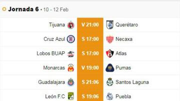 Fechas y horarios de la jornada 6 del Clausura 2018 de la Liga MX