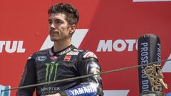 ASSEN, NETHERLANDS - JUNE 27:  Maverick Vinales of Spain and Monster Energy Yamaha MotoGP Team celebrates the second place on the podium during the MotoGP race during the MotoGP of Netherlands - Race at TT Circuit Assen on June 27, 2021 in Assen, Netherlands. (Photo by Mirco Lazzari gp/Getty Images)