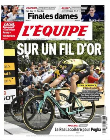 En la primera etapa del Tour de Francia, L'Equipe mostró en portada el final de la etapa. En paralelo llegaban a línea de meta Mike Teunissen y Peter Sagan. El neerlandés, por escasos centímetros, se llevó el maillot amarillo.