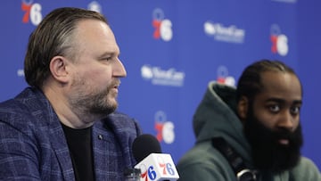 CAMDEN, NEW JERSEY - FEBRUARY 15: President of basketball operations Daryl Morey responds during a press conference at the Seventy Sixers Practice Facility on February 15, 2022 in Camden, New Jersey.   Tim Nwachukwu/Getty Images/AFP NOTE TO USER: User expressly acknowledges and agrees that, by downloading and or using this photograph, User is consenting to the terms and conditions of the Getty Images License Agreement.
== FOR NEWSPAPERS, INTERNET, TELCOS & TELEVISION USE ONLY ==