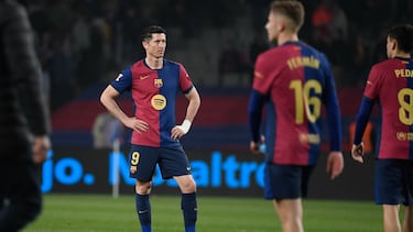 Barcelona's Polish forward #09 Robert Lewandowski reacts at the end of the Spanish league football match between FC Barcelona and Real Betis at the Estadi Olimpic Lluis Companys in Barcelona, on April 5, 2025. (Photo by Josep LAGO / AFP)