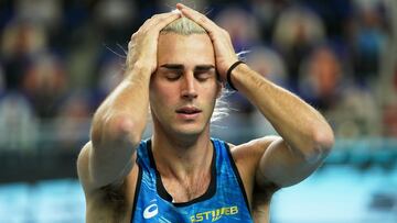 El atleta italiano Gianmarco Tamberi reacciona durante la final de salto de altura de los Europeos de Atletismo en Pista Cubierta de Torun.