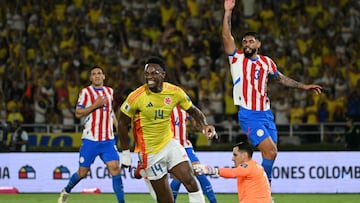 Colombia's forward #14 Jhon Dur�n celebrates after scoring during the 2026 FIFA World Cup South American qualifiers football match between Colombia and Paraguay at the Metropolitano Roberto Melendez stadium in Barranquilla, Colombia, on March 25, 2025. (Photo by Luis ACOSTA / AFP)