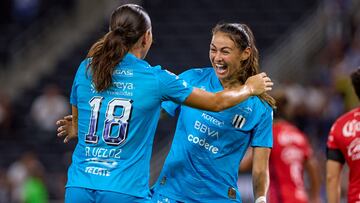 Christina Burkeroad celebrates her goal 5-0 of Monterrey during the 5th round match between Monterrey and Mazatlan FC as part of the Liga BBVA MX Femenil, Torneo Apertura 2025 at BBVA Bancomer Stadium, on August 08, 2025 in Monterrey, Nuevo Leon, Mexico.