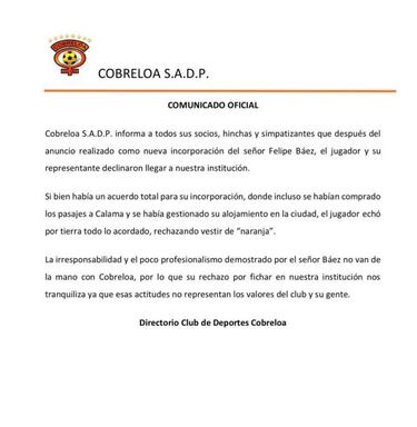 Refuerzo dejó a Cobreloa con los pasajes comprados y no llegó