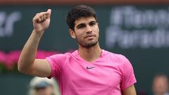 INDIAN WELLS, CALIFORNIA - MARCH 19: Carlos Alcaraz of Spain celebrates defeating Daniil Medvedev in the final during the BNP Paribas Open on March 19, 2023 in Indian Wells, California.   Julian Finney/Getty Images/AFP (Photo by JULIAN FINNEY / GETTY IMAGES NORTH AMERICA / Getty Images via AFP)