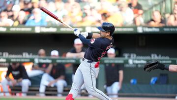 BALTIMORE, MD - JUNE 24: Steven Kwan #38 of the Cleveland Guardians hits a lead off single in the first inning during a baseball game against the Baltimore Orioles at the Oriole Park at Camden Yards on June 24, 2024 in Baltimore, Maryland. Mitchell Layton/Getty Images/AFP (Photo by Mitchell Layton / GETTY IMAGES NORTH AMERICA / Getty Images via AFP)